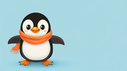 Fototapeta premium Cute cartoon penguin wearing an orange scarf against a light blue background.