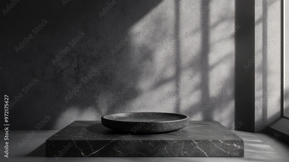 Wall mural a minimalist setting featuring a dark stone plate on a textured surface with soft shadows.