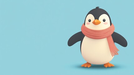 Obraz premium A cute cartoon penguin wearing a red scarf stands on a light blue background.