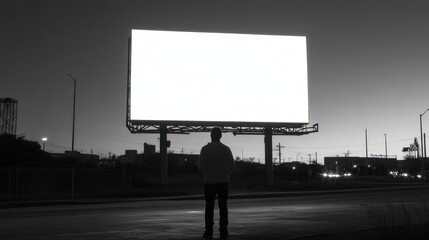 Obraz premium A silhouette of a person stands before a blank billboard at dusk, evoking contemplation.
