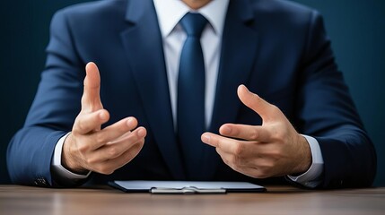 Corporate negotiator using hand gestures to emphasize a point, negotiation influence, gestural communication