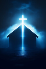 Religious background. A Churche with cross and light coming from behind. Christianity concept