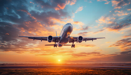 Airplane taking off at sunset.