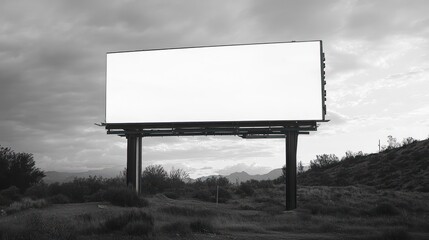 Obraz premium A blank billboard stands in a desolate landscape under a cloudy sky.