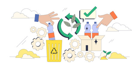 Circular economy with continuous production cycle tiny neubrutalism concept, transparent background. Sustainable, environmental and nature friendly manufacturing.