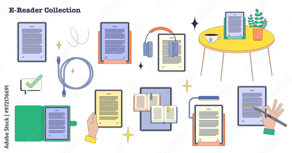 Poster e-reader device for modern electric book reading tiny neubrutalism collection, transparent backgroun