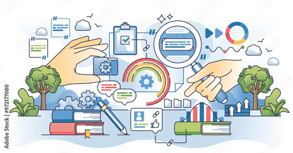 Aufkleber qualitative content analysis with text interpretation outline hands concept, transparent background.