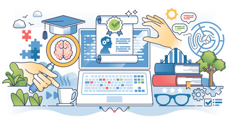 Online psychology degrees and psychologist certificate outline hands concept, transparent background. Professional graduation with completed studies illustration. University E-learning course.