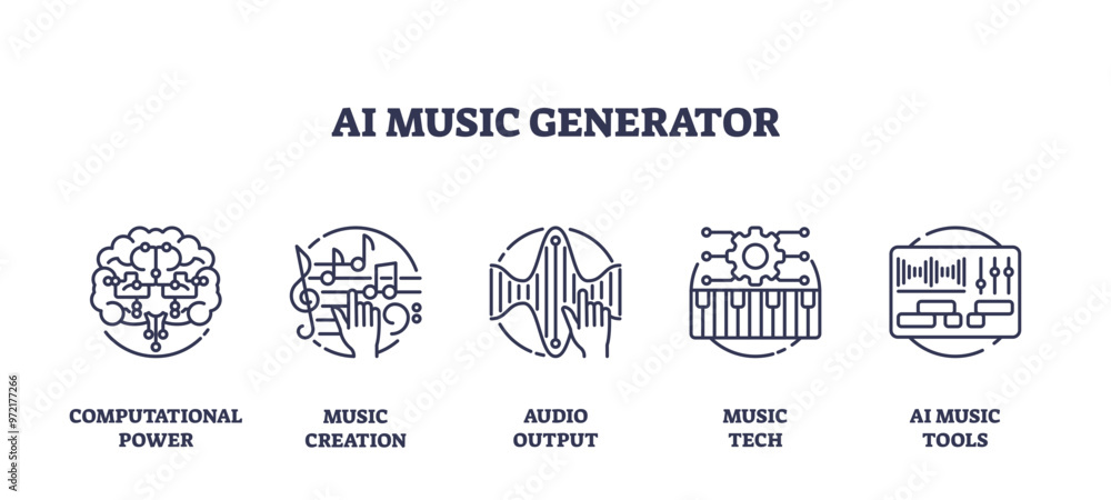 Aufkleber ai music generator with artificial audio creation outline collection set, transparent background. la