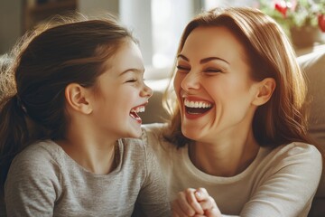 High-resolution brightly lit photorealistic candid photograph of a mother and daughter laughing together in a cozy, sunlit living room. The photo has a light and cheerful vibe, styled like a premium