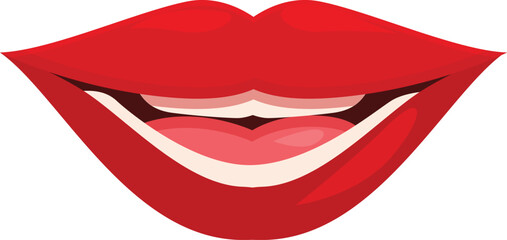 Cartoon red lips showing teeth smiling mouth open vector illustration isolated on white background