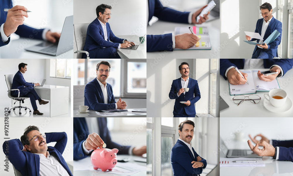 Poster a well-dressed man performs multiple tasks in a bright and contemporary office environment. he is se