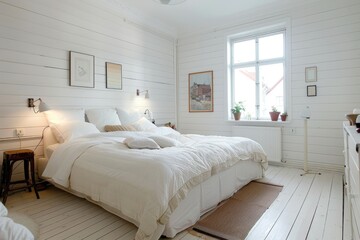 Bright and cozy white bedroom with minimal furniture and decor