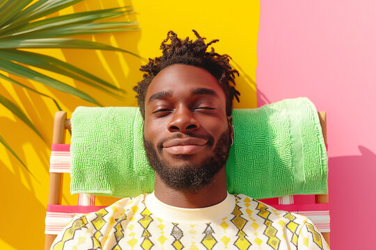 Black male model in a patterned knit top relaxing on a bright lounge chair with a colorful background. Vibrant and cheerful summer fashion portrait.