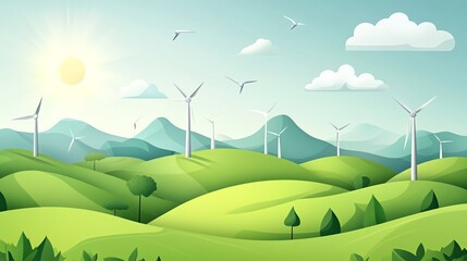 Obraz premium An illustration of a lush, green landscape with wind turbines dotting the hills.