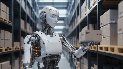 Fototapeta premium A futuristic robot in a warehouse, efficiently handling boxes amidst organized shelves, showcasing advanced technology in automation.