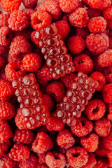 Advertisement of natural raspberry marmalade on fresh raspberries, vibrant color and texture
