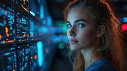 A woman gazes at digital screens displaying data and information.