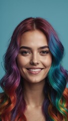 Caucasian woman with rainbow colored hair is smiling and looking at the camera