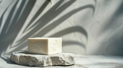Chic product showcase on stone with faint palm leaves shadow, raw photo