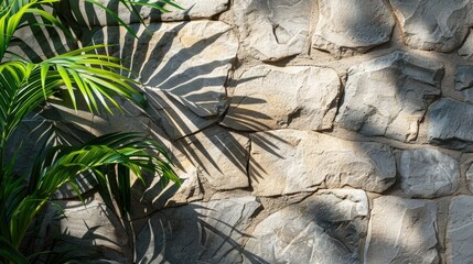 Minimalist product presentation on stone background with palm leaves shadow, raw photo