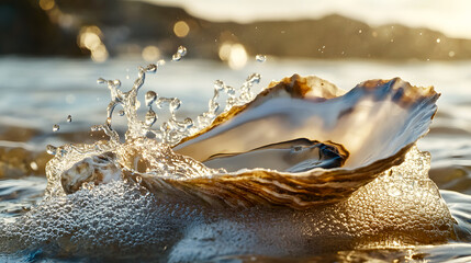 freshly opened oyster shell with droplets of seawater splashing around it