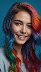 Fototapeta premium Caucasian woman with rainbow colored hair is smiling and looking at the camera