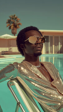 Black male model in reflective sunglasses and a shimmering metallic outfit by the pool. A bold and stylish summer fashion portrait with a luxurious setting.