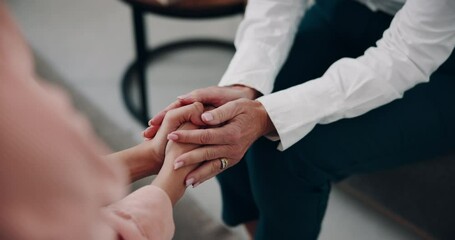 Holding hands, support and women with care in therapy for bad news, depression and mental health. Comfort, closeup and person with kindness, empathy and help for rehabilitation at psychology clinic - Powered by Adobe