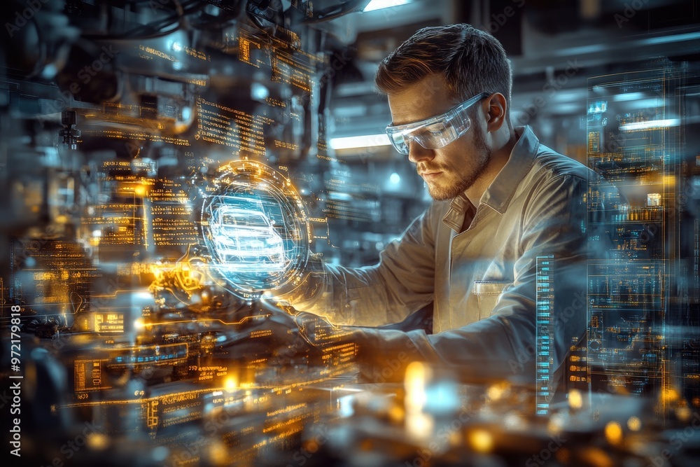 Poster very realistic and photographic photo of an engineer at work in a modern electric vehicle factory, u