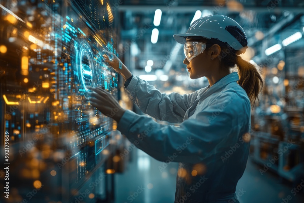 Poster very realistic and photographic photo of an engineer in a futuristic electric vehicle production hal