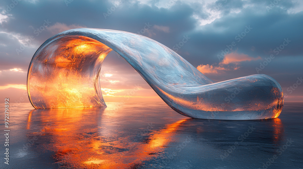 Wall mural A large, glassy wave sculpture reflects the fiery sunset.