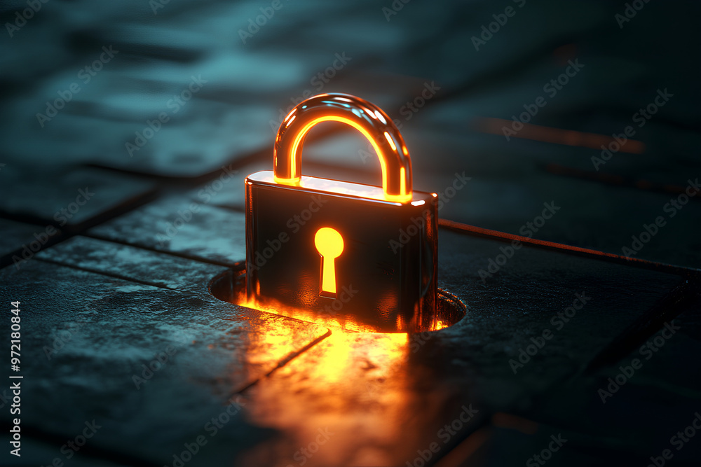 Poster a glowing padlock embedded in a dark, textured surface, symbolizing security and protection.