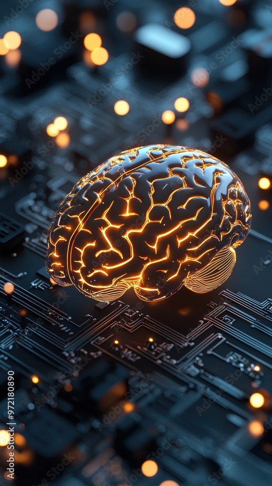 Poster a futuristic brain design on a circuit board symbolizing artificial intelligence and technology inno