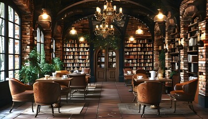 Enchanting hidden forest library cafe featuring cozy leather and velvet seating, books, coffee cups, and warm hanging lights in dark tones