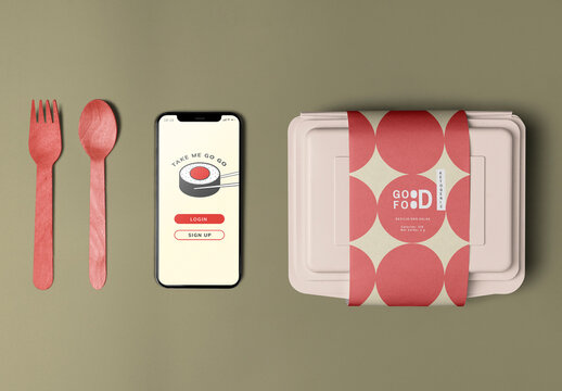 Branding Flatlay Food Delivery Eco Product Packaging And Phone Screen Mockup