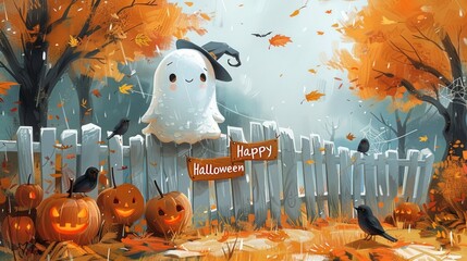 Happy Halloween: cute ghost, bat, pumpkin, monsters, haunted castle. Trick or treat, spooky autumn. Design elements and party decoration