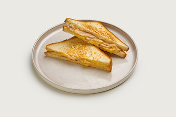 A classic grilled cheese sandwich with melted cheese and toasted bread. The sandwich is cut into triangles and served on a white plate.