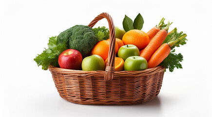 Fresh Fruits and Vegetables in a Basket on white background