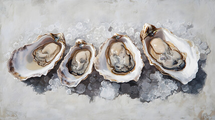Freshly shucked oysters resting on crushed ice, with their glossy, plump flesh glistening