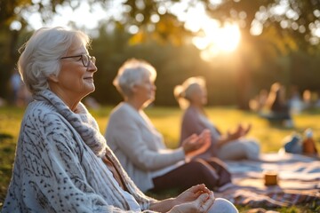 Group of senior women meditating in the garden. Selective focus.
