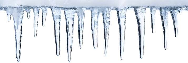 Icicles hanging isolated on white background