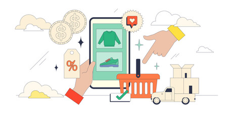 Online thrift store with second hand clothing shop tiny neubrutalism concept, transparent background. Retail e-business with new, used or vintage clothes and shoes selling illustration.