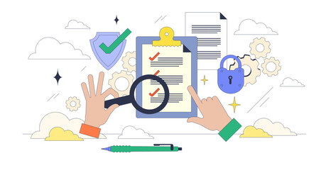 Security lifecycle review for protection checkup tiny neubrutalism concept, transparent background. Company systems and database safety monitoring using cloud based software illustration.
