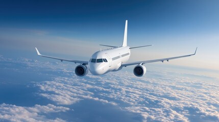 Obraz premium A majestic airplane soaring through the blue sky above fluffy white clouds, symbolizing travel and adventure.