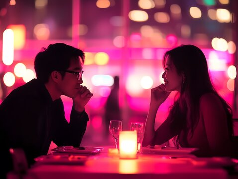 Young asian couple having a romantic dinner in a restaurant at night