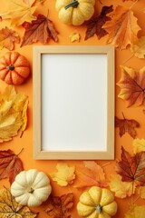 Autumn-themed frame with colorful pumpkins and dry maple leaves arranged on an orange background.