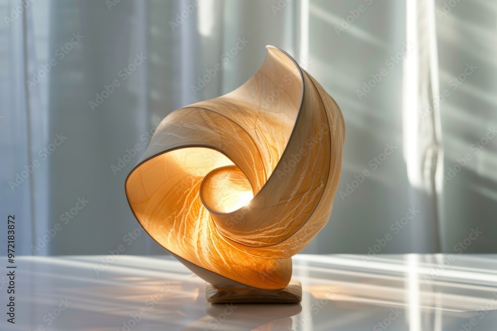 Poster a sculptural wooden table lamp with a swirling design, illuminated from within, casting a warm glow 