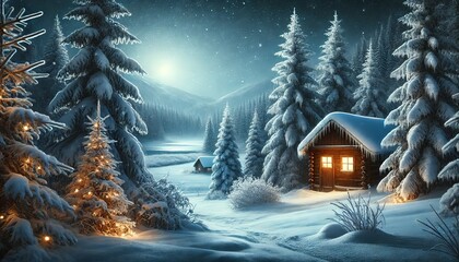 Fototapeta premium Cozy Cabin in Snowy Forest with Christmas Lights