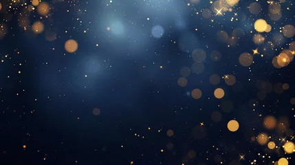 Abstract dark blue and gold particle background with Christmas golden light bokeh, shining particles on navy blue, gold foil texture, festive holiday concept